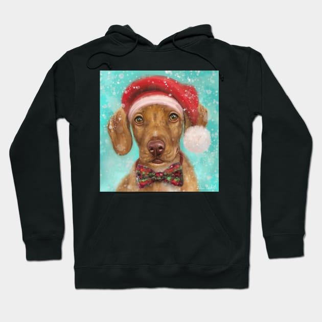 Painting of a Cute Christmas Vizsla Puppy with Red Santa Hat and a Festive Bow Tie Hoodie by ibadishi